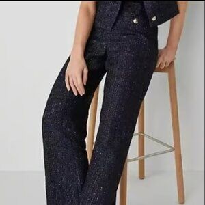 ANN TAYLOR METALLIC TWEED STRAIGHT ANKL NAVY BLUE SAILOR GOLD BUTTON PANT $110 6